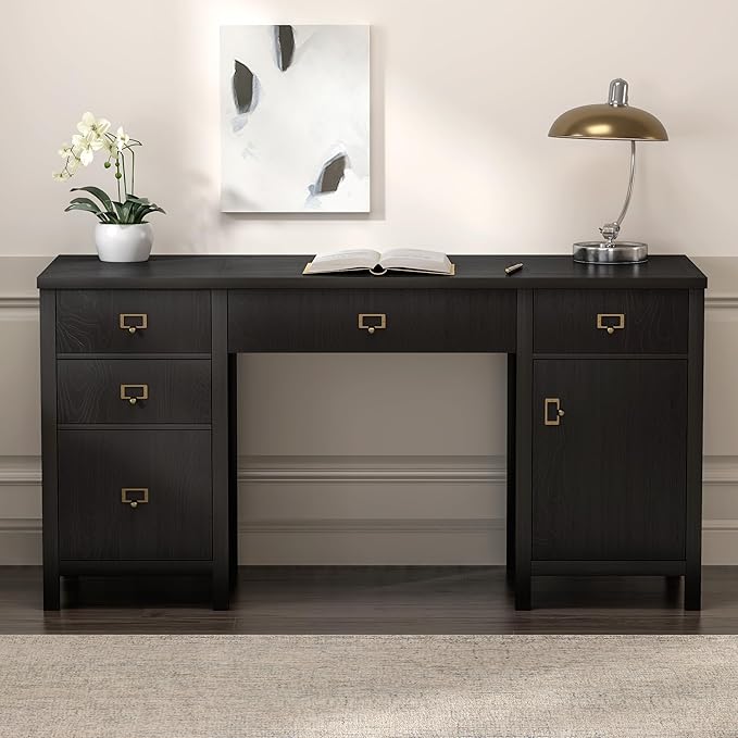 59 Executive Desk with File Drawers Cabinet Modern Computer Desk with Charging Station Keyboard Tray Large Home Office Desk Farmhouse Wood Desk for Study Writing Black