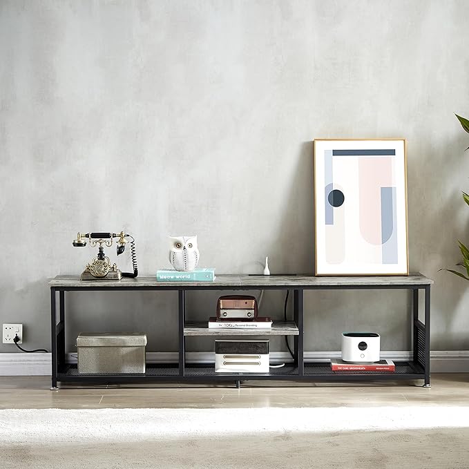 VECELO TV Stand with Power Outlets for Televisions up to 75Inch 62 Media Entertainment Center with Charging Station 3-Tier Open Storage Shelves with Metal Frame for Living Room/BedroomGrey
