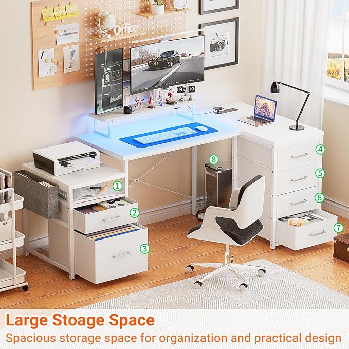 Unikito 70.8 Reversible L Shaped Computer Desk with Fabric File Drawers Corner Desks with RGB LED Light &amp Power Outlets &amp Monitor Stand Large Gaming Desk for Home Office Workstation White