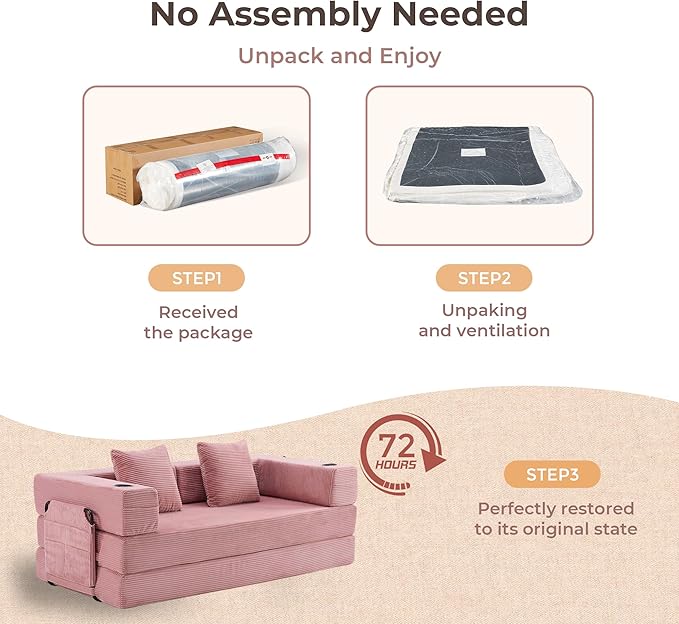 WELAX 72.8 Convertible Sleeper Sofa Bed Boneless Cloud Queen Futon Couches with Cupholders &amp Storage Pockets Corduroy Folding Floor Couch for Bedroom Apartment No Assembly Pink
