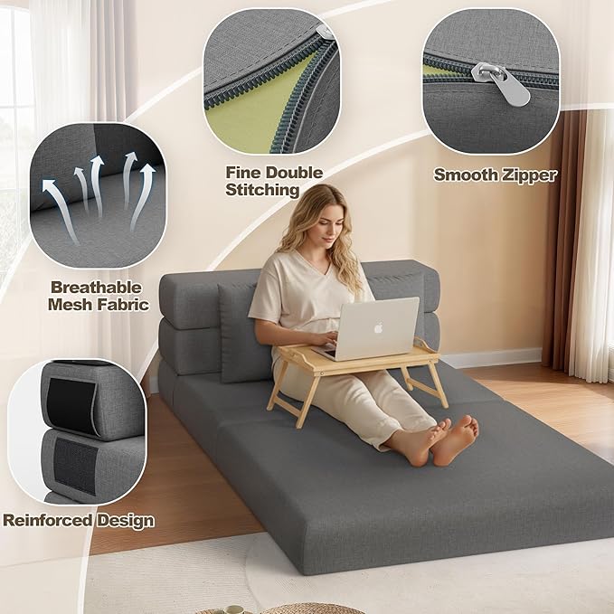 Folding Sofa Bed Convertible Sleeper Chair &amp Couch Bed with Pillow One-Piece High-Density Sponge Mattress Multi-Purpose Floor Sofa for Living Room Office Dorm Apartment Grey Single