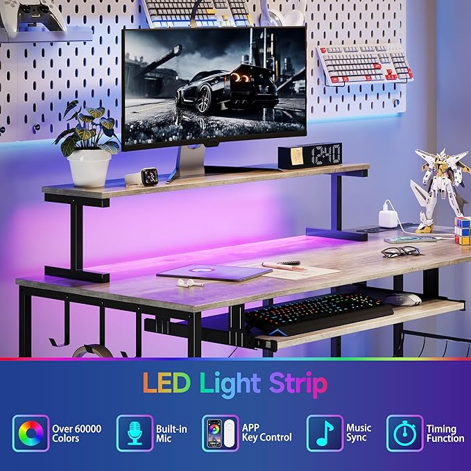 L Shaped Gaming Desk with Power Outlets &amp RGB Lights 46'' L- Shaped Desk Computer Corner Desk with Monitor Stand &amp Storage Shelf &amp Hook Home Office Desk Writing Desk Grey