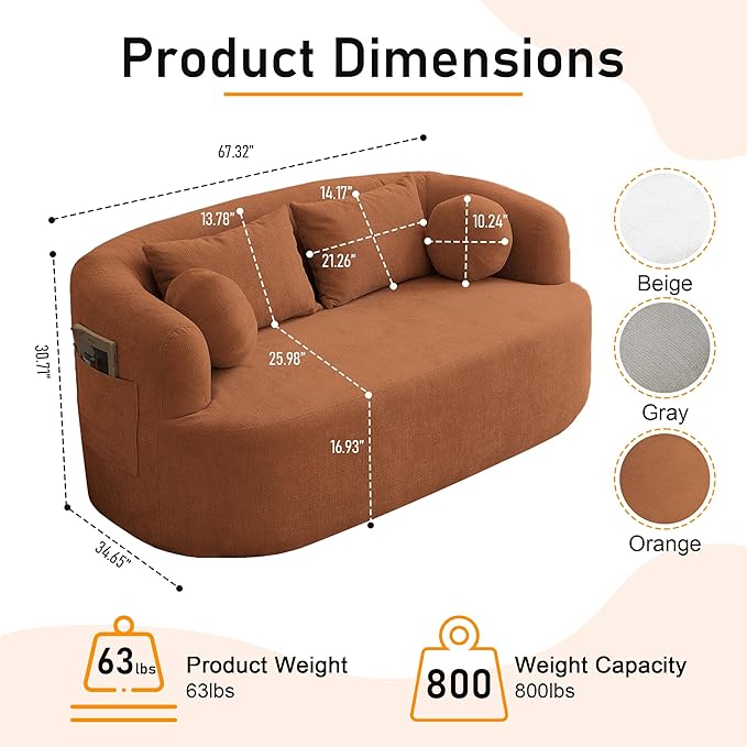 Loveseat Sofa 67.3 Boneless Curved Sofa Filling with Foam and Spring Chenille Small Love Seat for Small Spaces 4 Pillows and Side Pocket Living Room Apartment Bedroom No Assembly