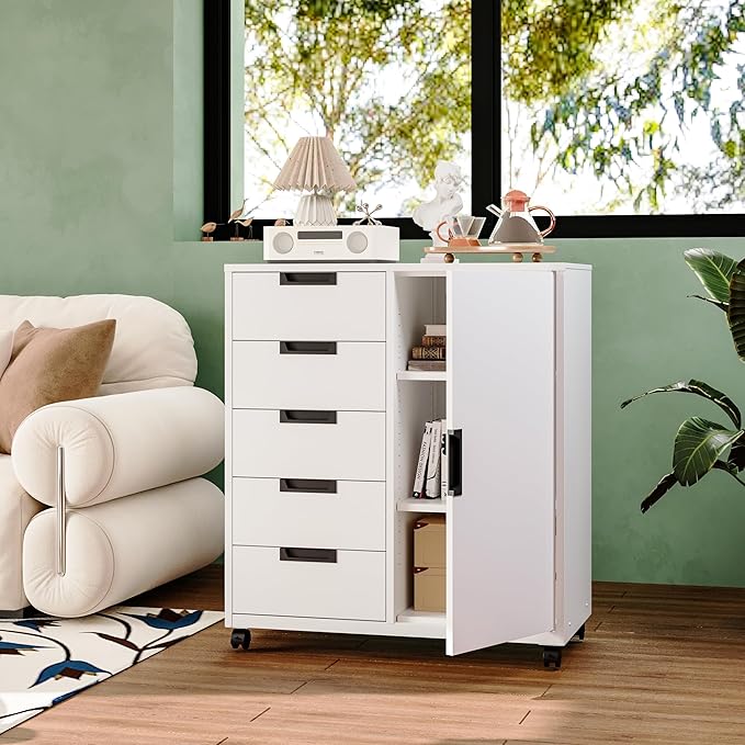 MIIIKO 5 Drawer Storage Cabinet with Door and Shelf Mobile Lateral Cabinet on Wheels Office Small Organizer Printer Stand White File Cabinets