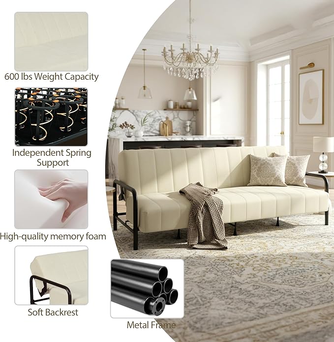 Homy Casa Convertible Sofa Bed with Metal Frame and Upholstered Cushion for Living Room Guest Room and Small Apartment (Beige)