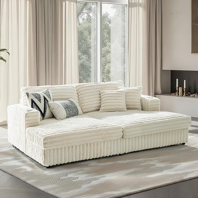 HULALA HOME 88 Double Chaise Lounge Sofa with USB Port and Cup Holder Oversized Cloud Couch with Faux Rabbit Fur Deep Seat Sleeper Sofa Bed for Living Room Bedroom Ivory