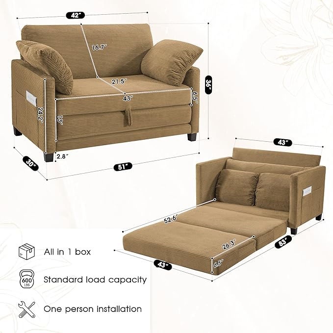 51 Convertible Loveseat Sofa Bed 2-in-1 Folding Sofa Bed with 2 Pillow for Small Spaces Modern Loveseat Sleeper Couch for Apartment Living Room &amp Guest Room (Brown Corduroy 51 inch)