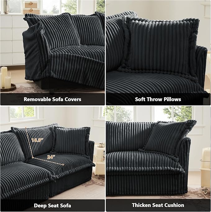 Modern Single Sofa Chair 49 Slipcovered Armchair Oversized Upholstered Accent Chair Comfy Cloud Deep Seat Sofa Chair with 2 Throw Pillows for Living Room Bedroom Apartment Corduroy Grey