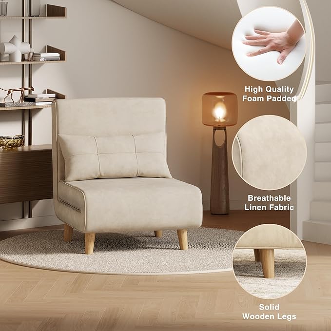 Aiho Futon Sofa Bed 3-in-1 Convertible Sleeper Chair Bed Futon Chair with 6-Level Adjustable Backrest and Pillow for Guest Room Apartment Dorm Velvet Beige