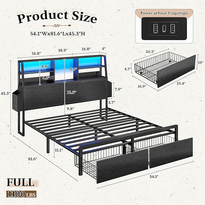 Full Size Bed Frame with Storage Full Bed Frame with LED Light and Charging StationBed Frame Full with Headboard for ApartmentGuest RoomBlack