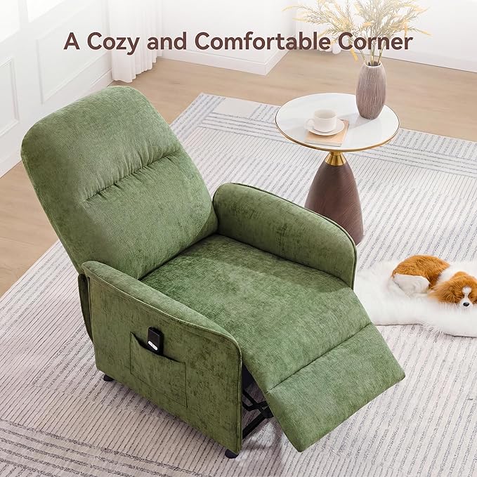 Power Recliner Chair for Adults Modern Reclining Single Sofa with Curved Armrest Comfy Ergonomics Electric Recliner with Side Pockets Adjustable Reading Chair for Living Room Bedroom Chenille Green
