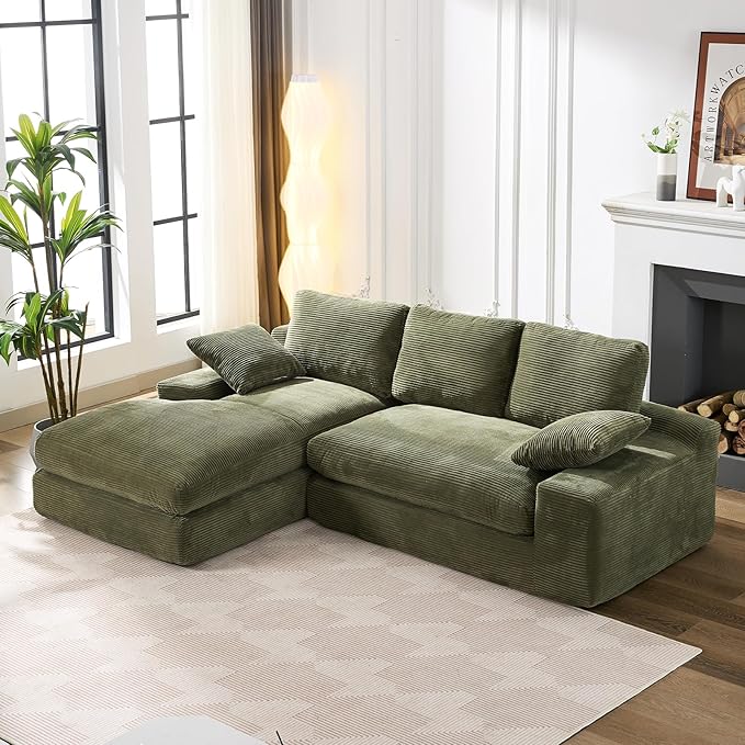 98.4 Green Sectional Sofa Cloud Modular Sectional Couch with ChaiseCorduroy Sectional Couches L-Shaped Modern Upholstered Sofa with Deep Seat for Living Room and BedroomNo Assembly Required(Green)