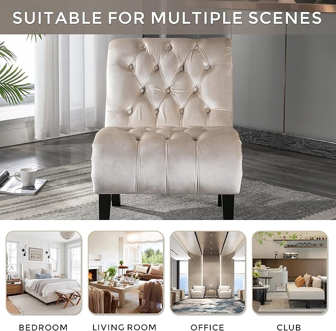 Modern Armless Living Room Chair/Leisure ChairUpholstered Fabric Button Comfortable Chair with Wooden Legs for Bedroom Living Room Office (Beige)