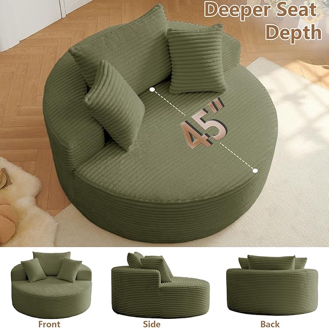 Oversized Round Chair Lounge Chaise Indoor Upholstered Corduroy Deep Seat Cloud Large Circle Sofa Chair No Assembly Required Fluffy Modern Sleeper Sofa Bed for Reading Living Room Light Green