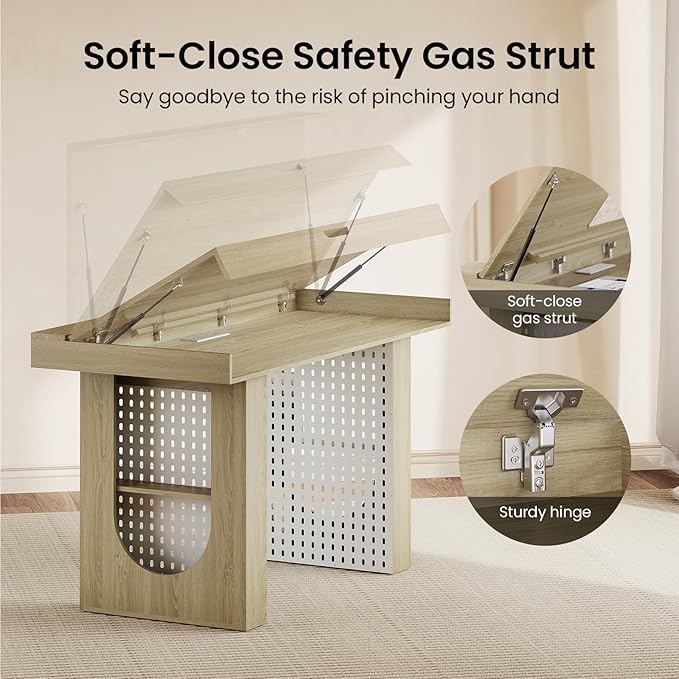 55 Computer Desk with Storage 2-in-1 Convertible Gaming &amp Dining Table One-Piece Executive Desk with Power Strip &amp Pegboard Soft-Close Gas Strut Workstation for Home and Office Light Wal