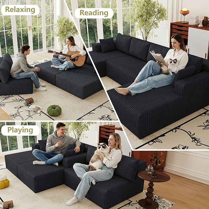 124 Corduroy U-Shaped Sectional Sofa Modern Modular Boneless 4-Seater Couch with 6 Pillows Upholstered Deep Seat DIY Cloud Sofa for Living Room No Assembly Required (Black)