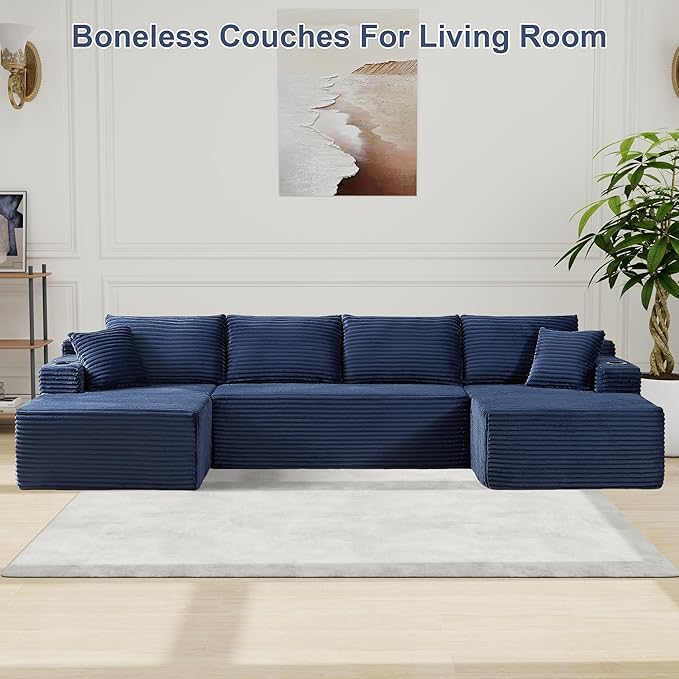 KIVENJAJA 133.5 Oversized U Shaped Sectional Cloud Couch Corduroy Modular Sectional Sofa with Cup Holders &amp Side Pockets Modern Deep Seat Boneless Couches for Living Room Apartment Blue