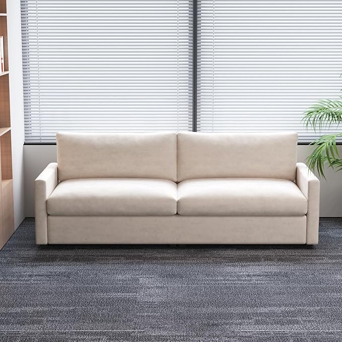 Modern Beige Fabric Loveseat Sofa with Deep Seat and Soft Cushions Office Couch Easy to Clean and Assemble Minimalist Premium Style for Office or Living Room Fits Small or Large Spaces