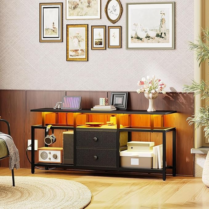 TV Stand with LED Light and Power Outlets Entertainment Center with Fabric Drawers and Open Shelves 41.7 TV Cabinet for TVs up to 45 Inch Media Console for Living Room Bedroom DS03UDBB