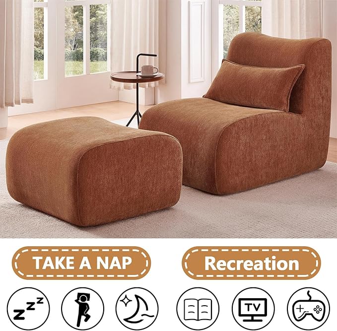 27” Oversized Lazy Sofa Chair and Ottoman Set Chaise Lounge Chair Indoor with Pillows Comfy Reading couch for Adults Suitable for Living Room Small Spaces Memory Foam Chenille (Orange-2)