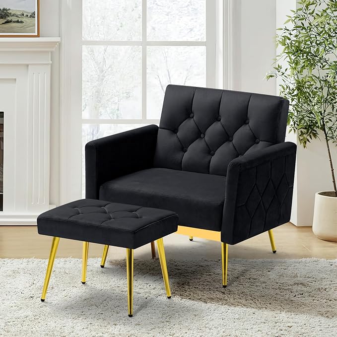 Velvet Accent Chair w/Adjustable Armrests and Backrests Tufted Single Sofa with Ottoman Upholstered Reading Chiar for Living Room Apartment Bedroom Black
