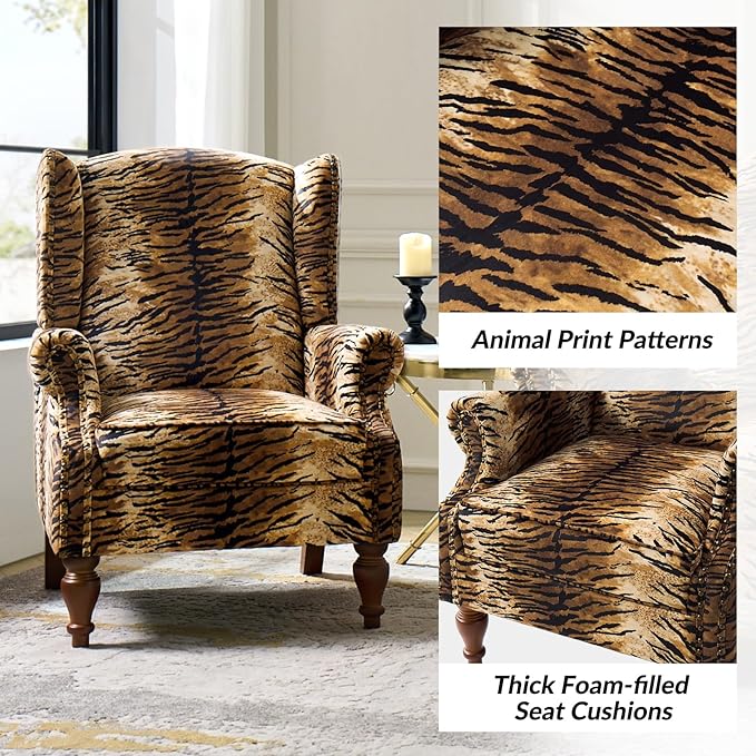 HULALA HOME Wingback Accent Chair with Animal Print Pattern Traditional Fabric Armchair with Nailhead Trim and Retro Wooden Legs Tiger