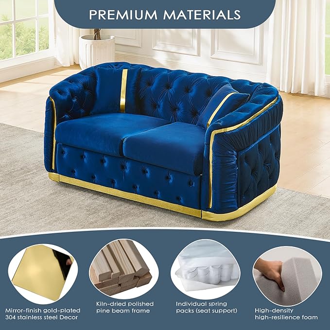 62.6 Mid Century Modern Loveseat Chesterfield Sofa Couch Blue and Gold Couch Velvet Button Tufted Luxury Couches for Living Room with Golden Decor &amp 2 Pillows Navy Blue | StainlessSteel Decor