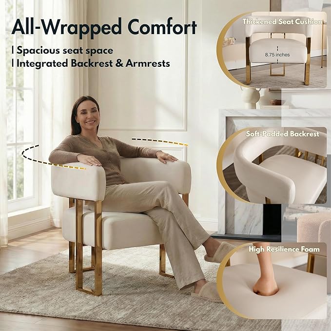 Cream Velvet Barrel Chair Gold Leg Accent Chair for Bedroom Upholstered Accent Seat for Living Room Bedroom Dressing Vanity Area