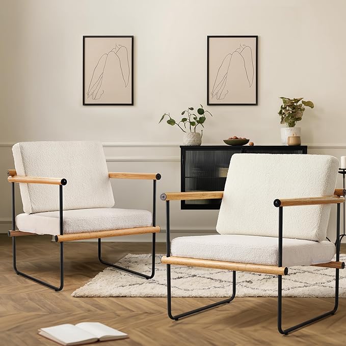 29in Boucle Fabric Accent Chair for Bedroom Modern Lounge Chair for Living Room Upholstered Reading Armchair with Metal and Wooden Arms (Natural x1)