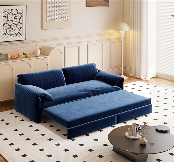 3 in 1 Convertible Queen Sleeper Sofa Bed Comfy Pull Out Futon Couch Bed 66 Modern Velvet Recliner Loveseat Sofa Multi-Functional Blue Cloud Couch for Living RoomApartmentOffice (Blue 66)