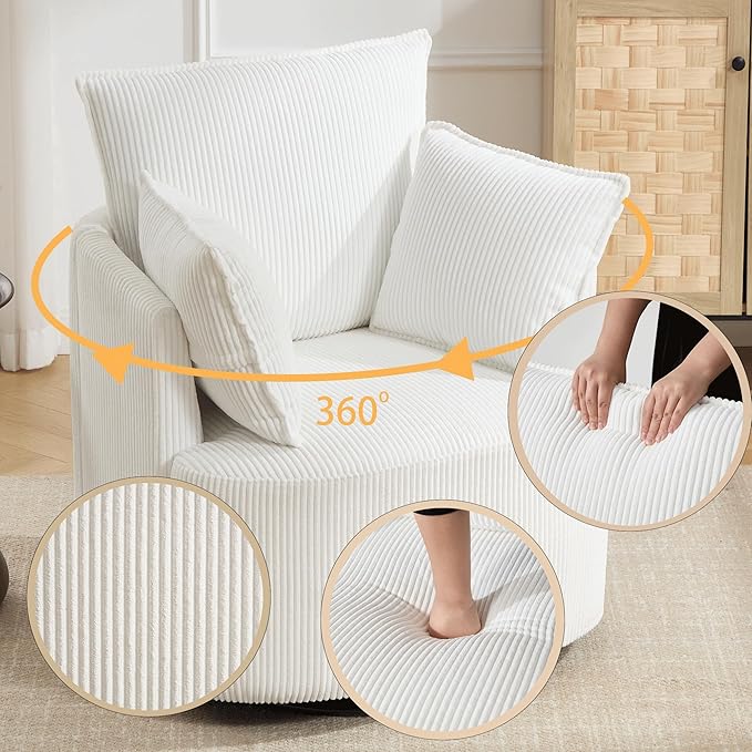 Swivel accent chairSwivel barrel chairReclining armchairs for bedrooms Swivel chairUpholstered Living Room Chair Corduroy Reading Chair Single Sofa Chair for Apartment Office(Modern White)