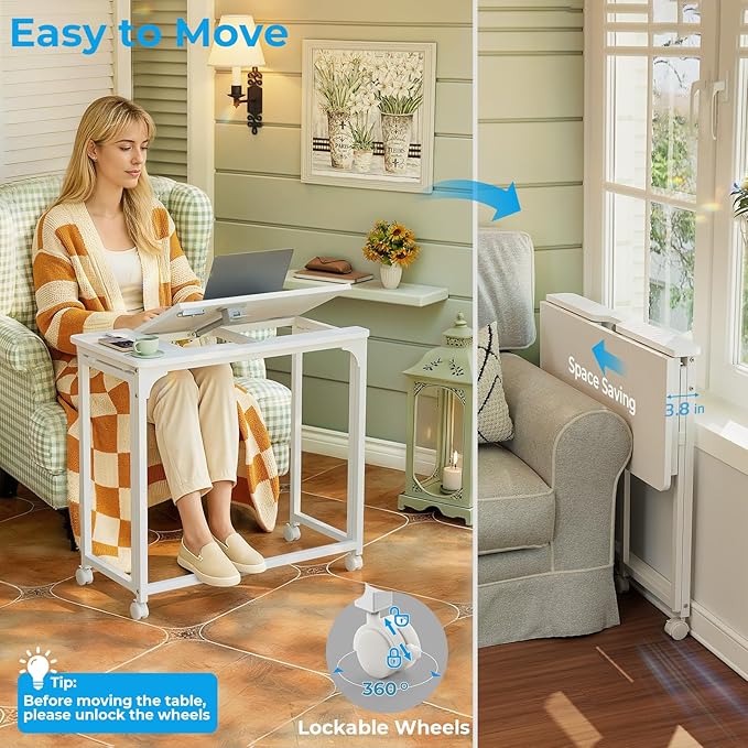 GreenForest Folding Desk with Adjustable Tiltable Desktop 0-90° 31.5 inch Small Drafting Table with Wheels Foldable Craft Table for Drawing Reading Writing Laptop Work White