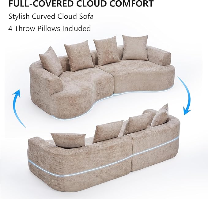109” Curved Sectional Sofa Chenille Fabric Modular Cloud Couch No Assembly Required Half Moon Couch with Deep Seat 4 Pillows for Living Room Apartment Bedroom