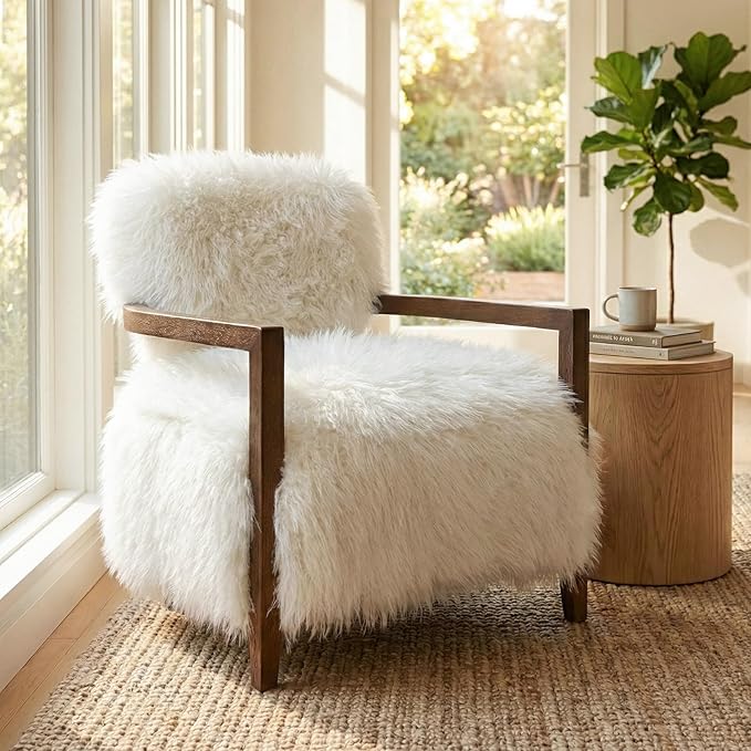 Furniture of America Ramos Modern Accent Chair with Ultra Soft Faux Fur Long-Haired Accent Sofa Tight Seat and Back Single Couch Fluffy Living Room Seating No Assembly Needed White