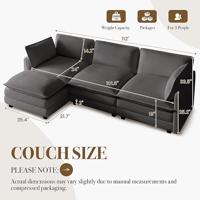 ROWHY 112'' Modular Sectional Cloud Couch with Movable Ottoman 4 Seat Modern Chenille Sofa with 2 Throw Pillows Deep Seat L Shaped Couch for Living Room Bedroom Apartment Dark Grey | Arrange Freedo