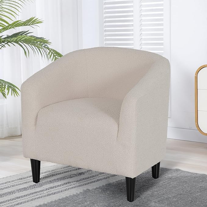 Magshion Barrel Chair Modern Sherpa Armchair Boucle Fabric Accent Chair with Cozy Soft Padded Single Sofa Chair for Living Room Bedroom Office Waiting Room 300lbs Capacity Light Gray