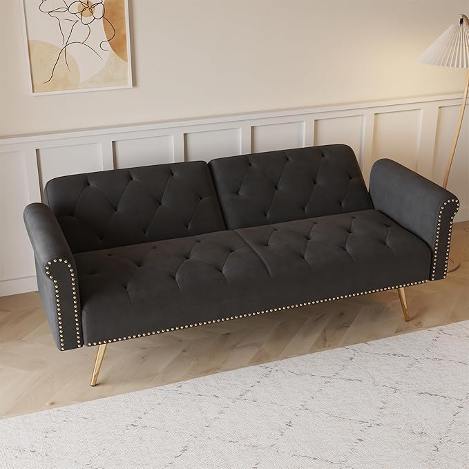 69.7'' Convertible Velvet Sleeper Sofa Bed Upholstered Futon Couch with Nail Head Trim and 2 Matching Throw Pillow for Living Room Bedroom Home Office (Black)