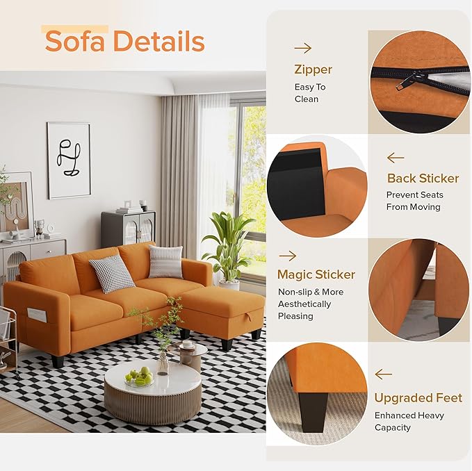 ZeeFu Convertible Sectional Sofa CouchClassic 3 Seat L-Shaped Sofa Set with Movable Ottoman Modern Orange Velvet Upholstered Small Sectional Sofa Couch for Small Space Apartment Living Room Office