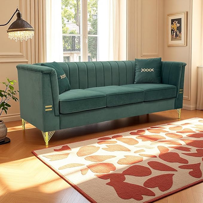 83.46 Upholstered Chesterfield Couch Modern 3 Seater Sofa with Tufted Back and Square Arms Wood Leg Nailhead Sofa for Living Room/Office/Apartment/Small Space Green Velvet