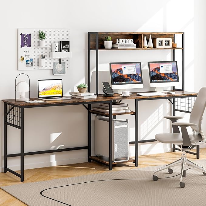 Tangkula L-Shaped Desk Converts to 2-Person Long Desk with Hutch Power Outlet &amp 3 Removable Hooks Perfect for Home Office or Gaming (Rustic Brown)
