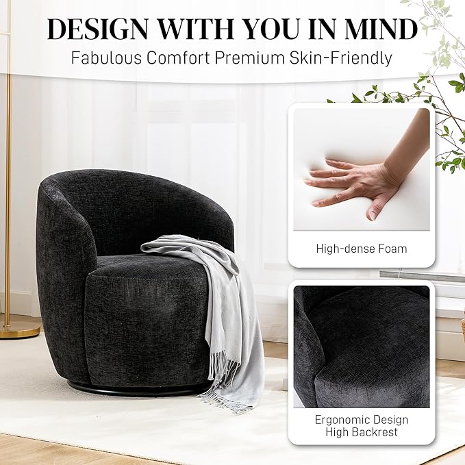 Swivel Barrel Chair Set of 2 360 Degree Boucle Swivel Accent Chair Upholstered Chenille Round Armchair Modern Small Reading Lounge Chair for Living Room Bedroom Office Black Chenille