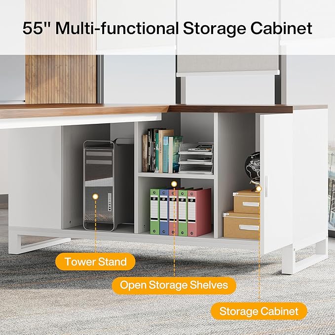 Tribesigns 70.8-Inch Executive Desk with 55-Inch File Cabinet Large L Shaped Computer Desk with Storage Cabinet and Shelves Modern L-Shaped Desk for Home Office Walnut &amp White