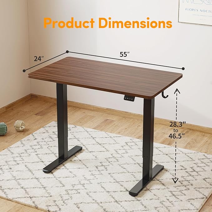 Cubiker Modern Black Walnut 55 x 24 Inch Electric Standing Desk 28-46.5 Inch Height Adjustable 2-Monitor Capacity Gaming