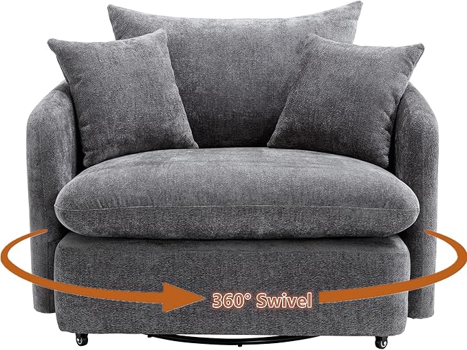 360 Degree Swivel Accent Chair Oversized 37.8 inch Extra Wide Barrel Swivel Chairs with Deep Seat for Living Room Club Reading Bedrooms (Light Grey)