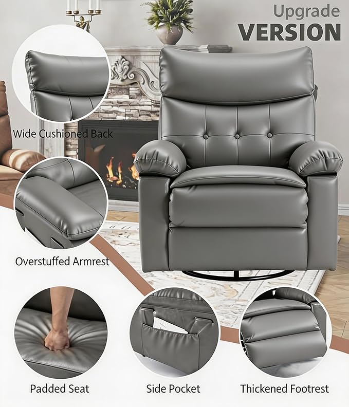 GarveeHome Oversized Leather Recliner Chair Swivel Rocker Manual Recliner for Adults Lazy Rocking Chair with Comfort Arms and Back Single Sofa for Living Room