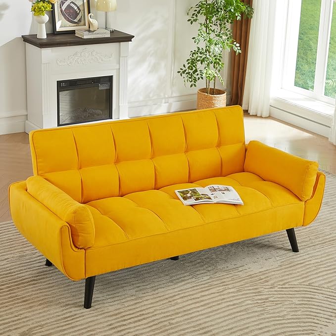 Sofa Couch for Living Room 74.8 Linen Tufted Modern Comfy Couch with Pillow-Top Armrest 3 Seater Upholstered Sofa for Small Spaces Office Apartment Golden Yellow