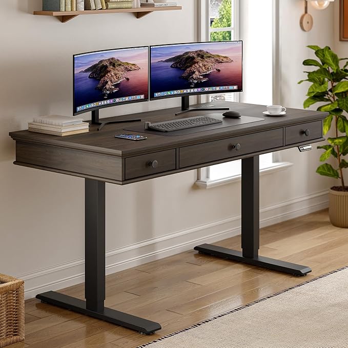 ONBRILL Standing Desk with Drawers 55 x 23 Inch Electric Height Adjustable Desk with Storage &amp Outlets for Computer Workstation Home Office Retro Curved Table Corner Design Dark Walnut