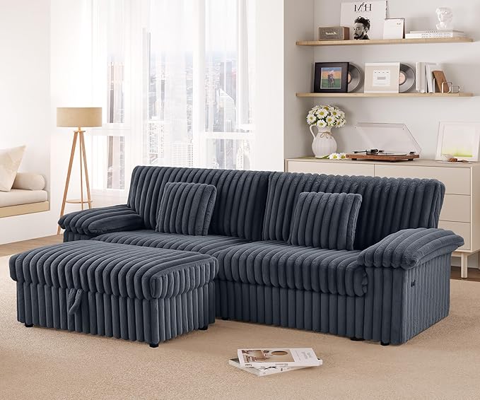 HIFIT 92 Sectional Loveseat Sofa Modern Cloud Couch L Shaped Modular Sectional Sofa with Deep Seat Storage Ottoman USB Port Corduroy Home Sofas Living Room Set Love Seat for Bedroom Office Grey