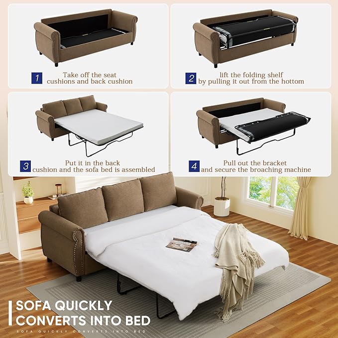 Queen Pull Out Sofa Bed 2-In-1 Pull Out Couch Bed with Memory Foam Mattress &amp Riveted Rolled Armrests 3 Seater Convertible Sleeper Sofa Foldable Couch for Living Room Bedroom Apartment(Brown)