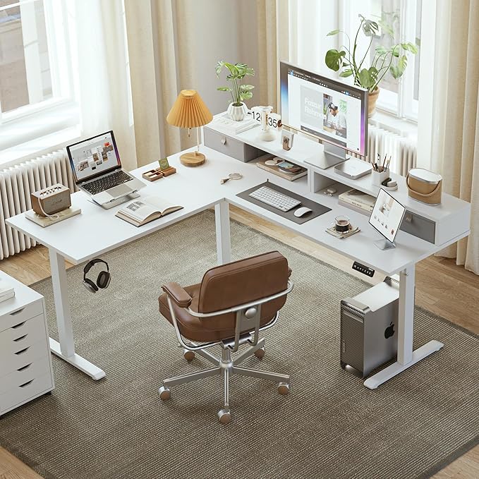 Agilestic L Shaped Electric Standing Desk with 2 Drawers 63 Inch Ergonomic Adjustable Height Desk with Storage Corner Desk Sit Stand up Computer Table for Work Office Home White